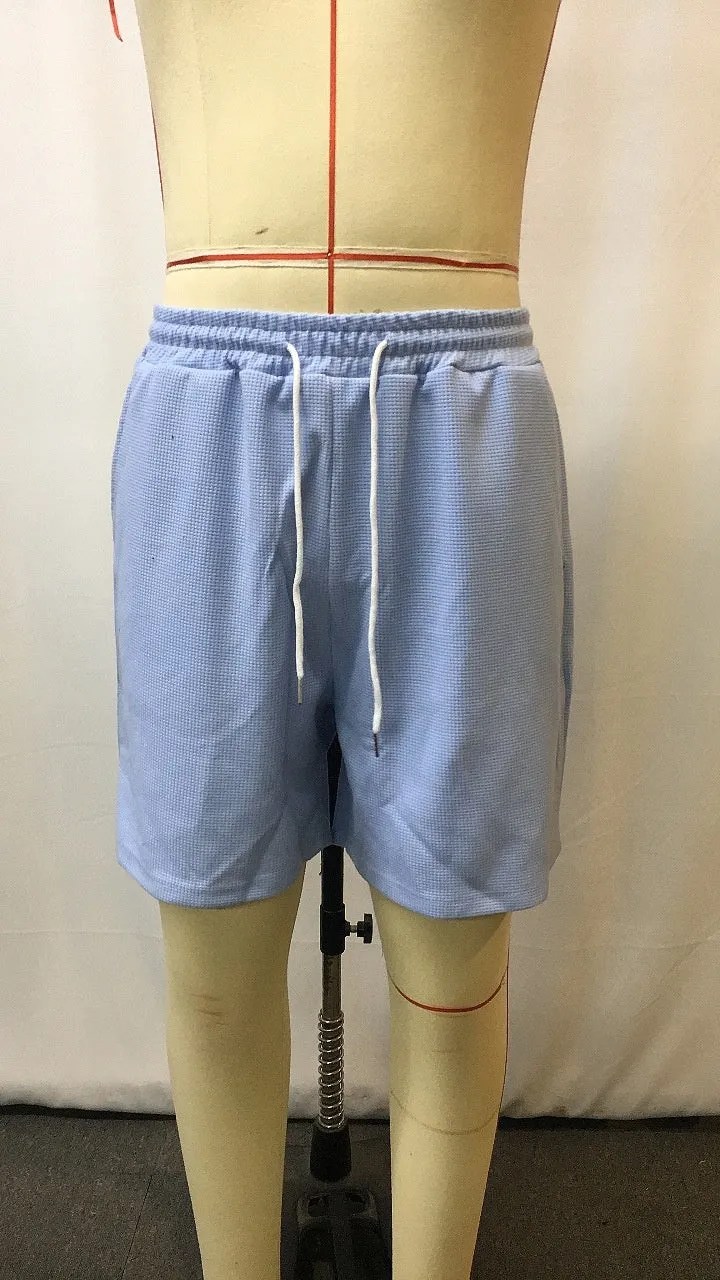 Men's retro waffle knit light blue polyester stretch shorts with wide leg, summer casual surfing wear