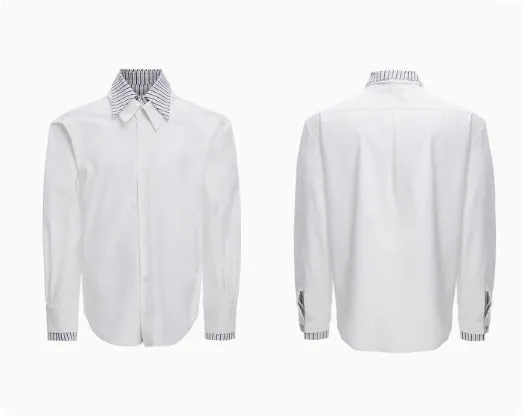 Men's loose fit striped contrast patchwork shirt top with bright thread decoration, water-washed polyester, long sleeves, available in multiple colours