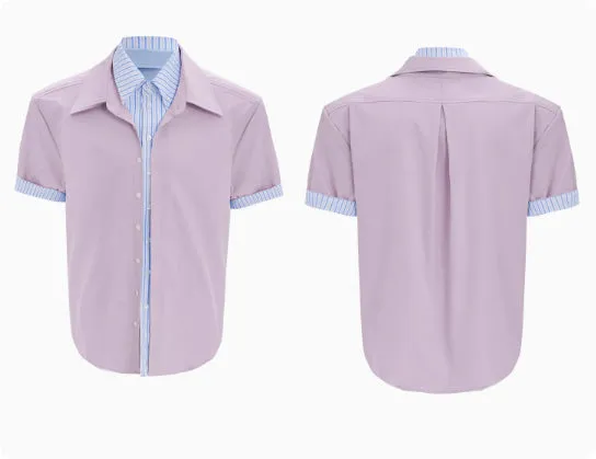 Men's loose fit striped contrast patchwork shirt top with bright thread decoration, water-washed polyester, long sleeves, available in multiple colours