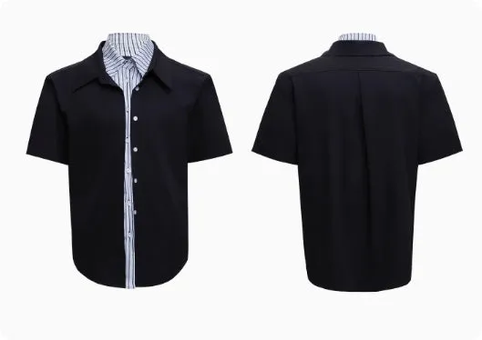 Men's loose fit striped contrast patchwork shirt top with bright thread decoration, water-washed polyester, long sleeves, available in multiple colours
