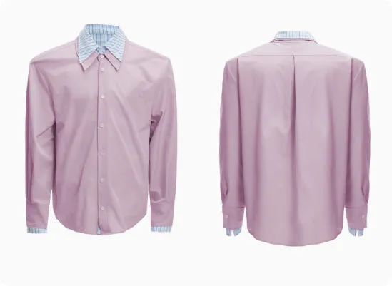 Men's loose fit striped contrast patchwork shirt top with bright thread decoration, water-washed polyester, long sleeves, available in multiple colours