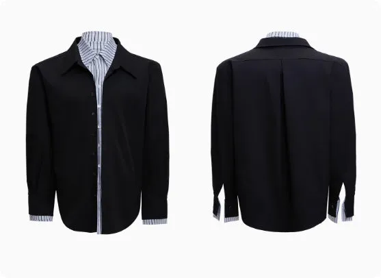 Men's loose fit striped contrast patchwork shirt top with bright thread decoration, water-washed polyester, long sleeves, available in multiple colours