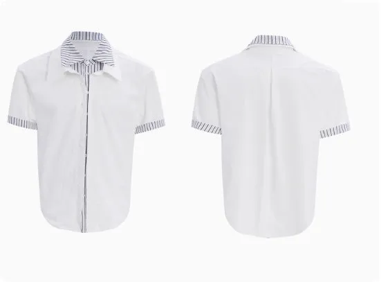 Men's loose fit striped contrast patchwork shirt top with bright thread decoration, water-washed polyester, long sleeves, available in multiple colours