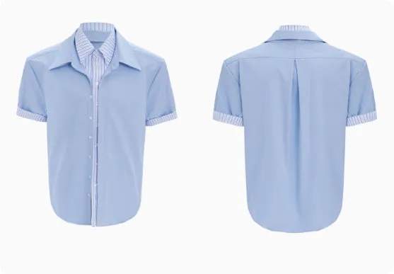 Men's loose fit striped contrast patchwork shirt top with bright thread decoration, water-washed polyester, long sleeves, available in multiple colours