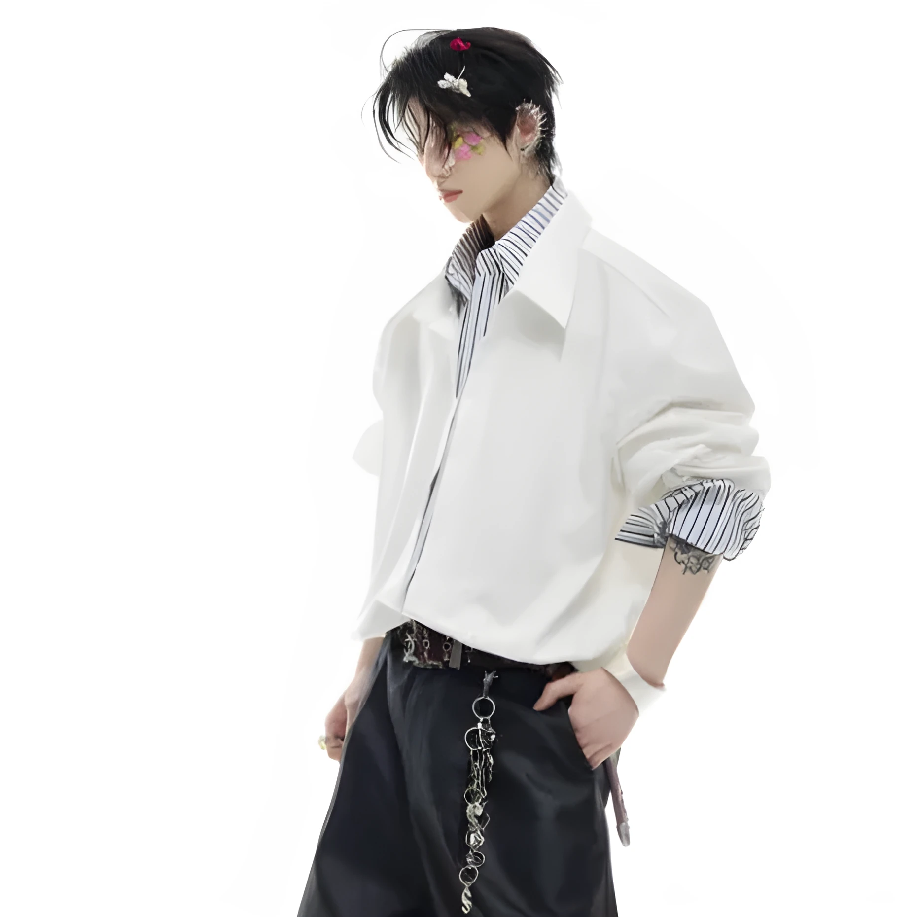 Men's loose fit striped contrast patchwork shirt top with bright thread decoration, water-washed polyester, long sleeves, available in multiple colours