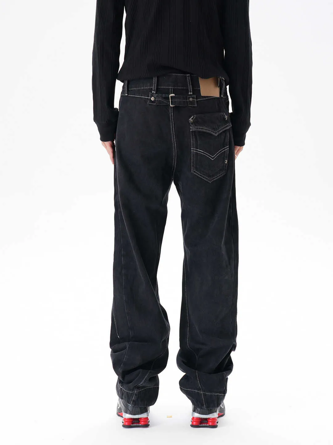 Contrast colour loose machete jeans men black denim wide leg trousers with zip fly