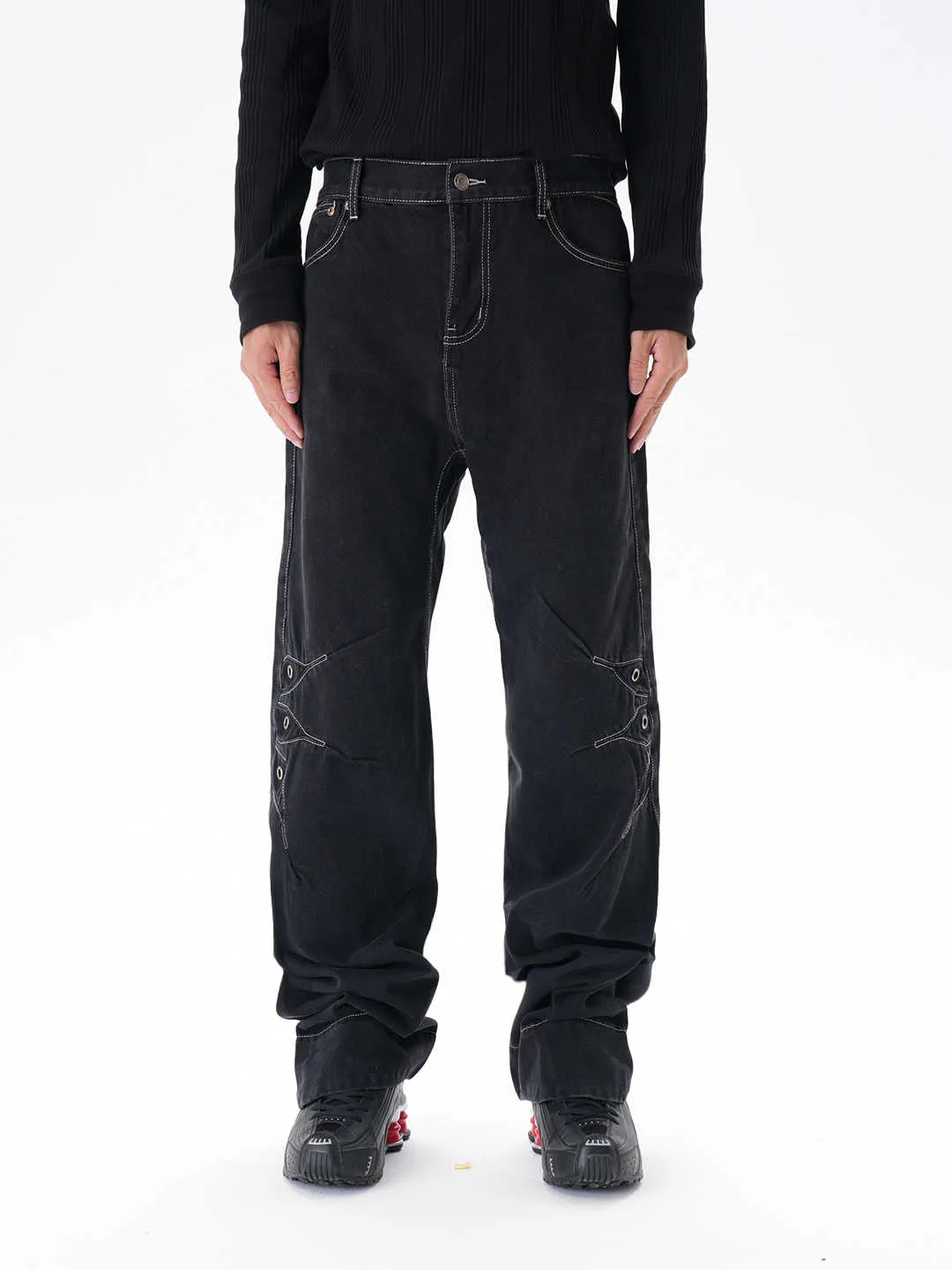 Contrast colour loose machete jeans men black denim wide leg trousers with zip fly
