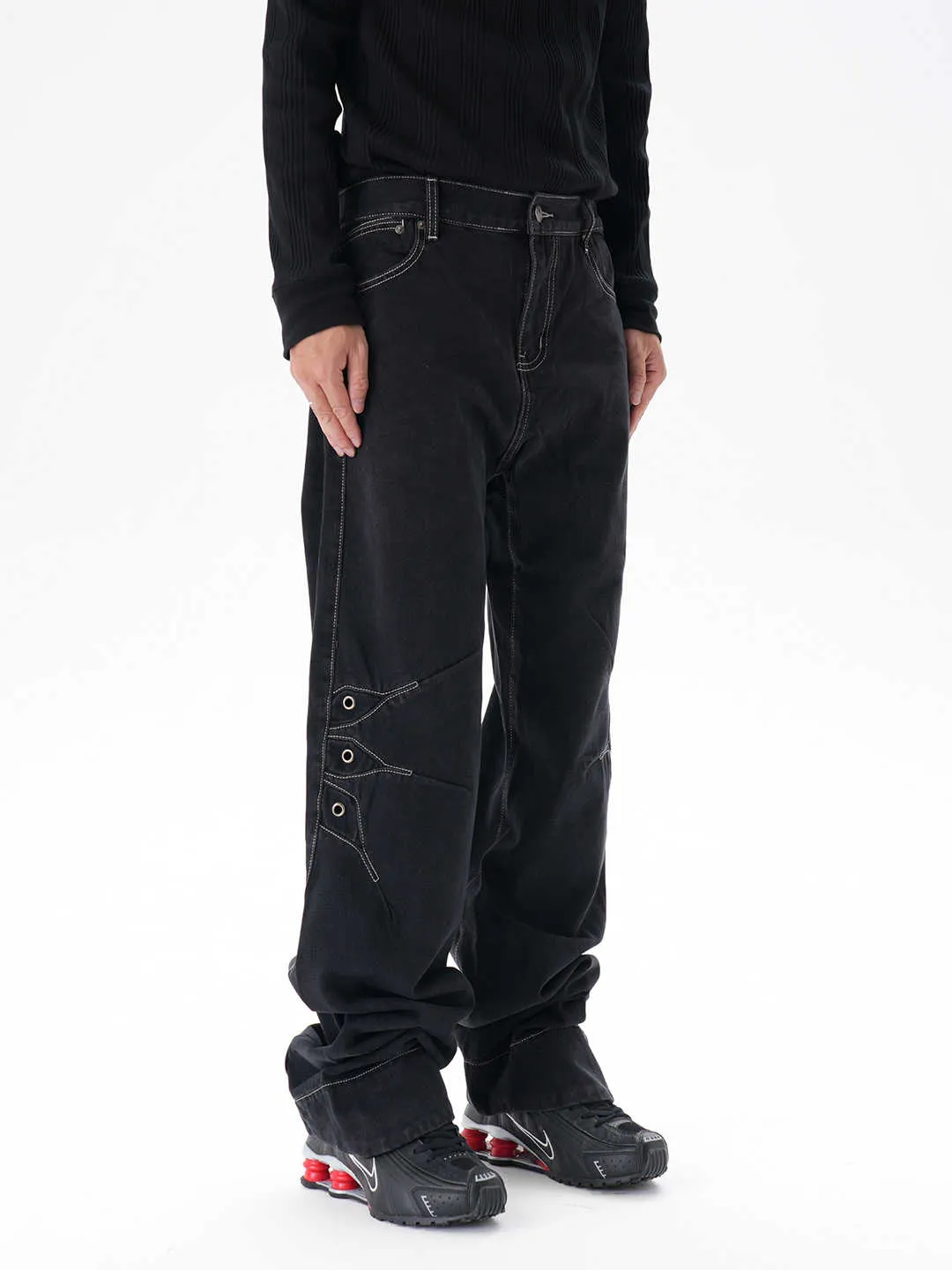 Contrast colour loose machete jeans men black denim wide leg trousers with zip fly