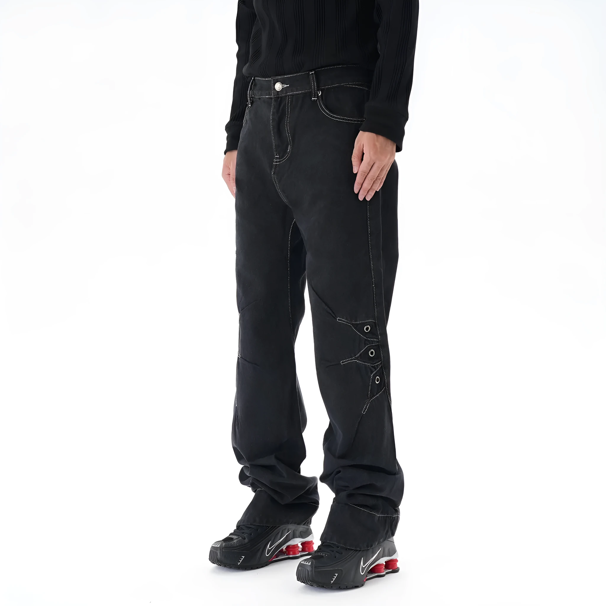 Contrast colour loose machete jeans men black denim wide leg trousers with zip fly