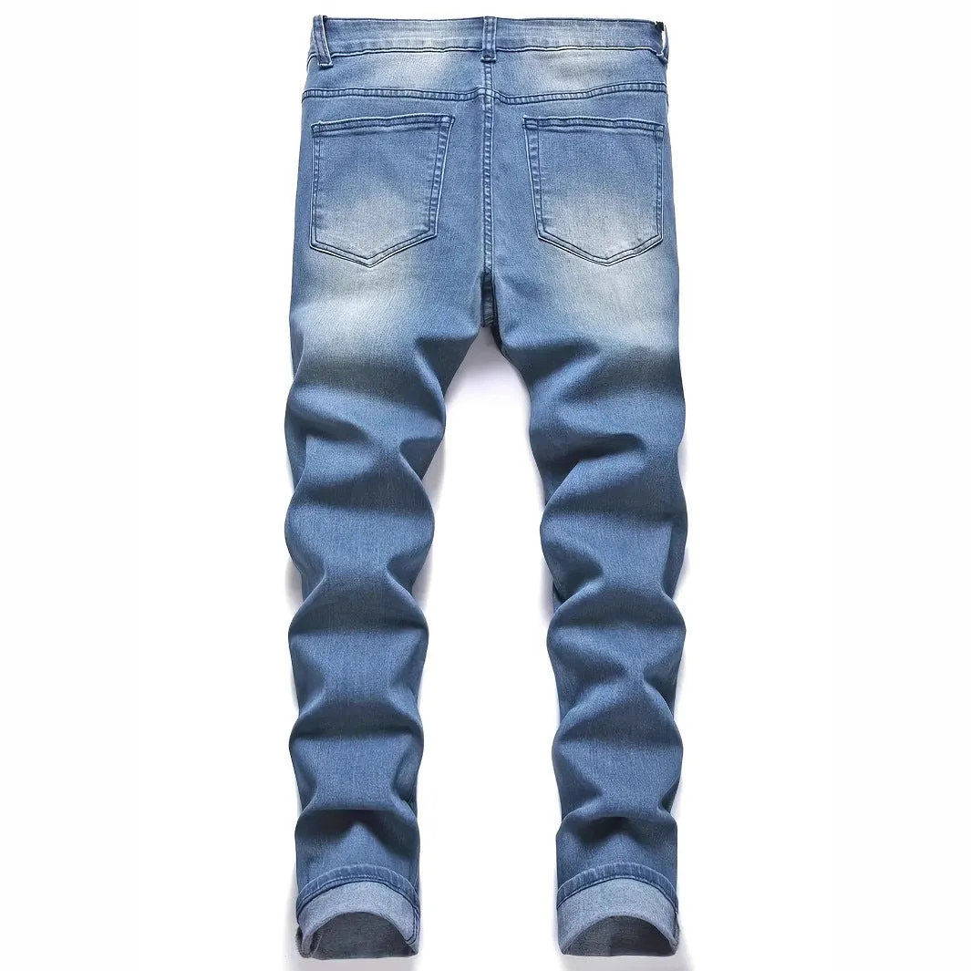 Men's ripped straight leg jeans in peacock blue cotton with street style detailing