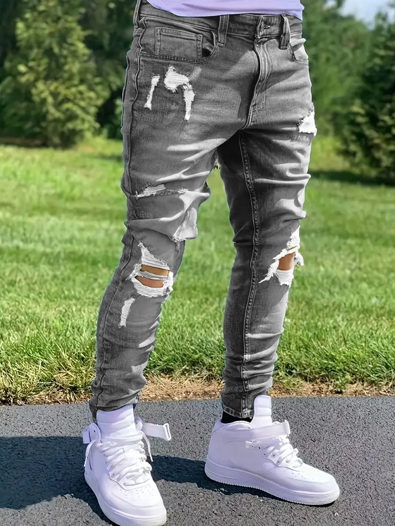 Men's ripped straight leg jeans in peacock blue cotton with street style detailing