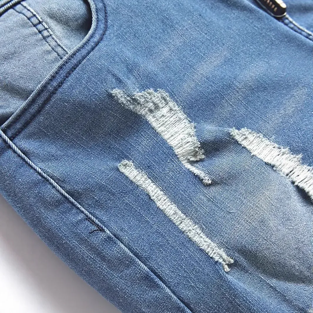 Men's ripped straight leg jeans in peacock blue cotton with street style detailing