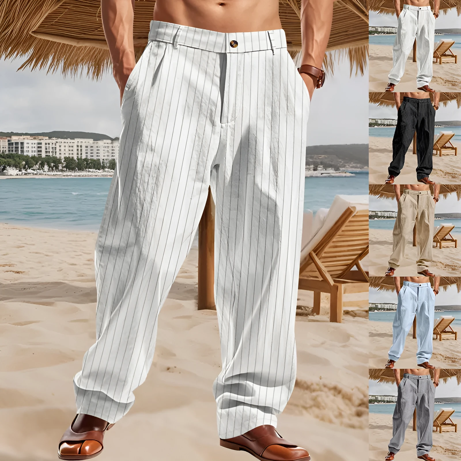 Man wearing loose-fit high-waist striped linen trousers in a light blue colour.