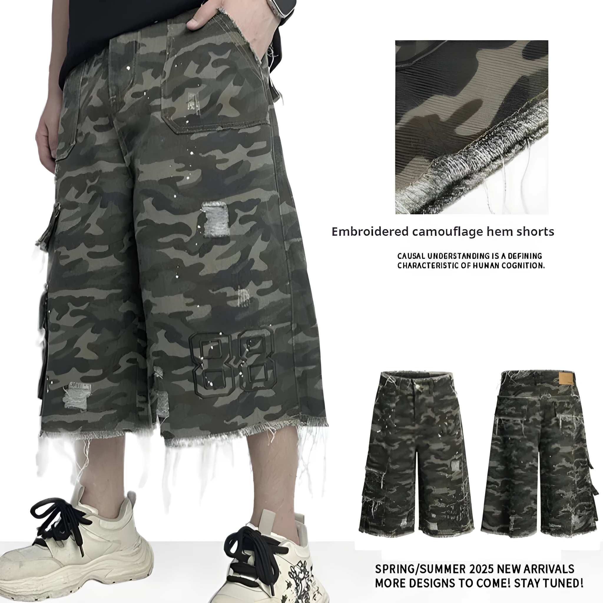 Camouflage cotton wide leg shorts with micro elastic waist in summer style