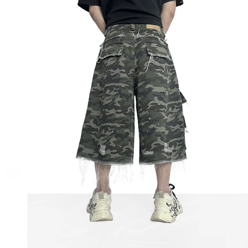 Camouflage cotton wide leg shorts with micro elastic waist in summer style
