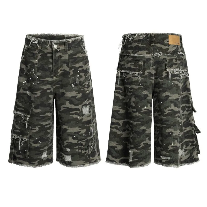 Camouflage cotton wide leg shorts with micro elastic waist in summer style