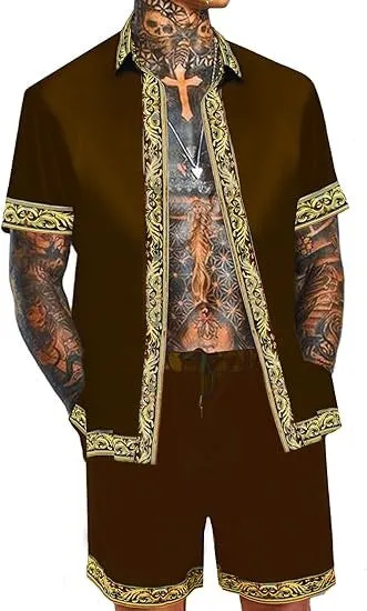 Men's casual loose short sleeve shirt and shorts Hawaii suit summer set in polyester eight colour styles