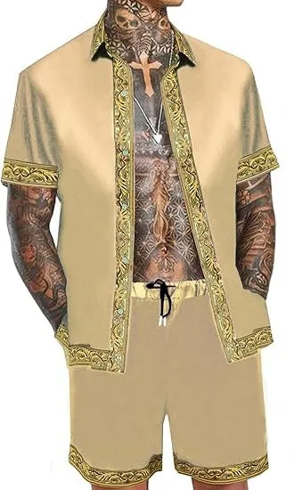 Men's casual loose short sleeve shirt and shorts Hawaii suit summer set in polyester eight colour styles