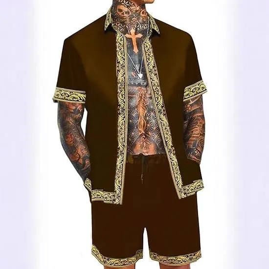Men's casual loose short sleeve shirt and shorts Hawaii suit summer set in polyester eight colour styles