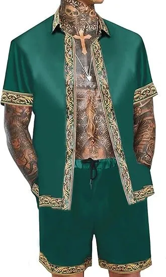 Men's casual loose short sleeve shirt and shorts Hawaii suit summer set in polyester eight colour styles