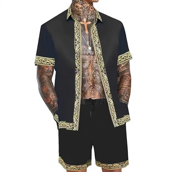 Men's casual loose short sleeve shirt and shorts Hawaii suit summer set in polyester eight colour styles