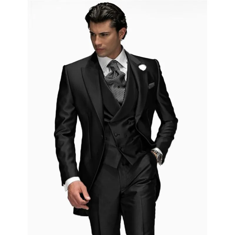 Gray men's three-piece slim fit nylon suit with coat, vest, and trousers