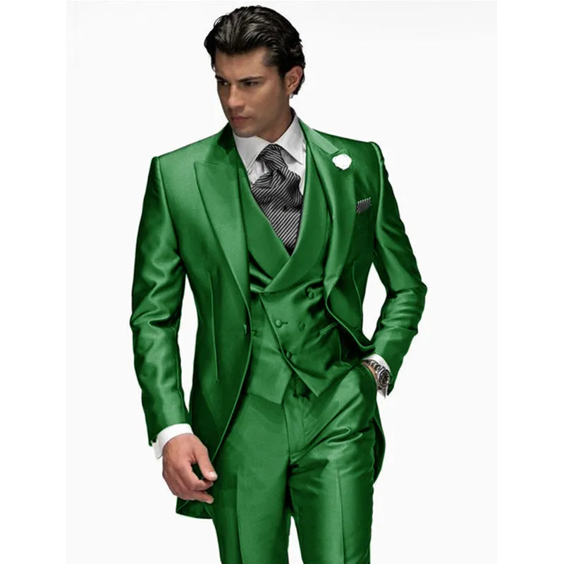 Gray men's three-piece slim fit nylon suit with coat, vest, and trousers