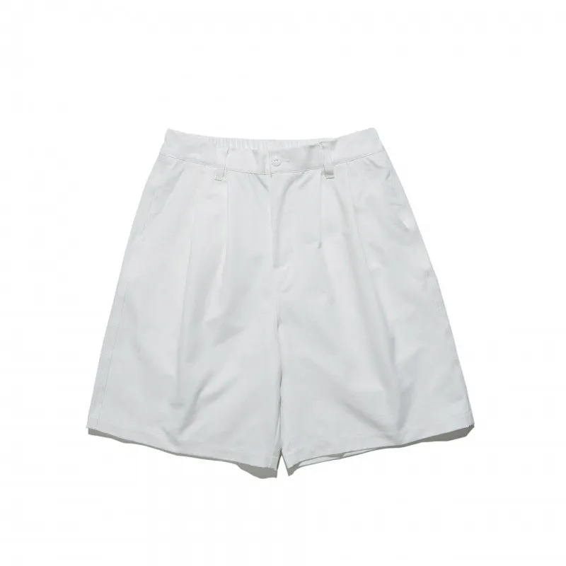 Loose straight drooping suit shorts in light grey, front view, with micro-elastic waist and retro style