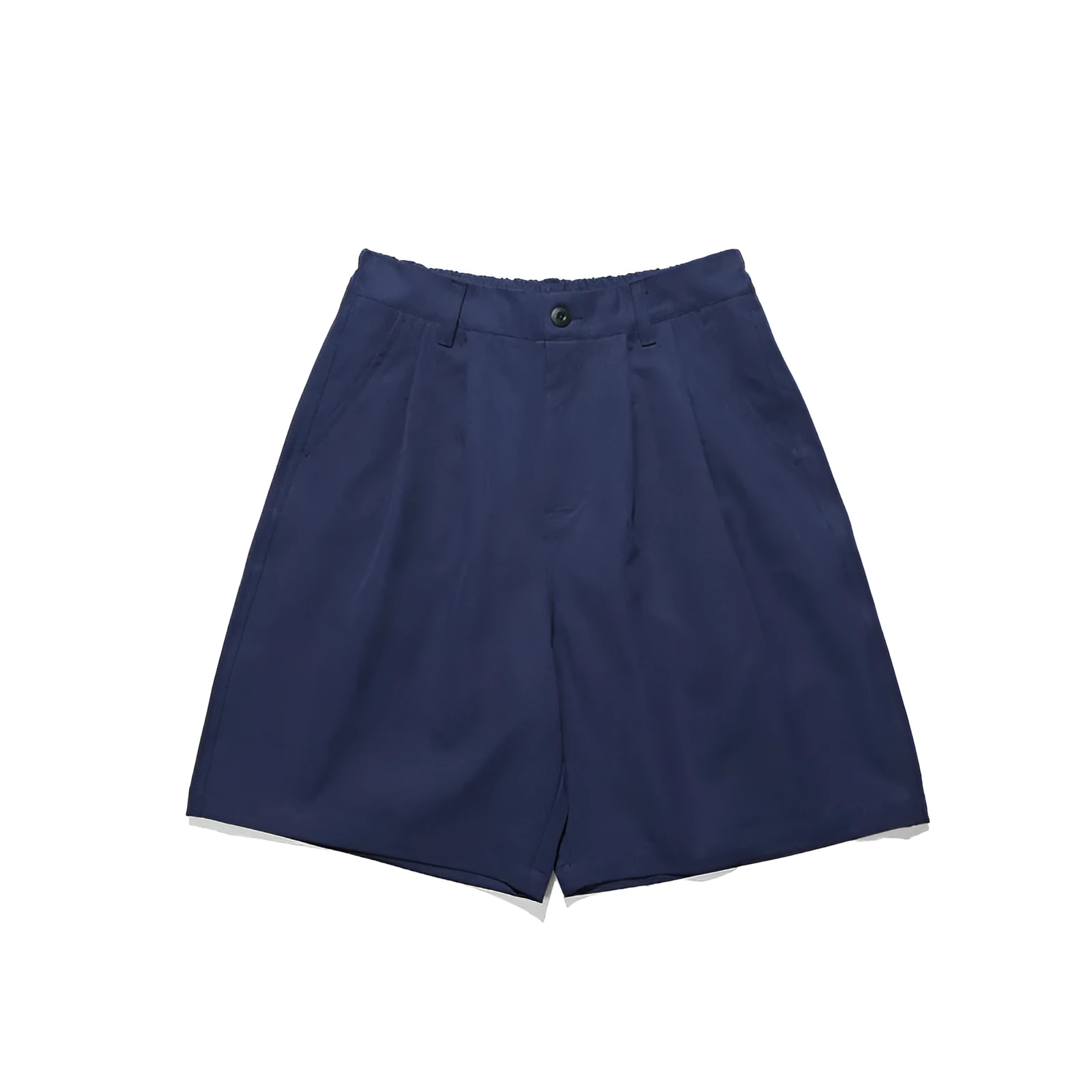 Loose straight drooping suit shorts in light grey, front view, with micro-elastic waist and retro style