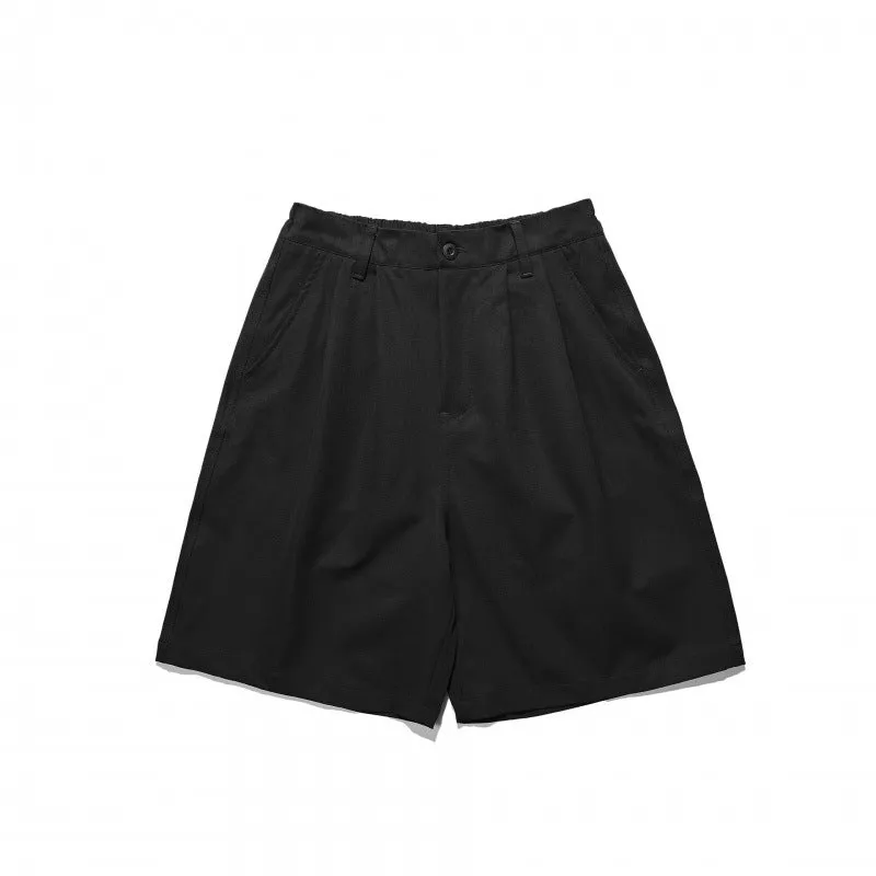 Loose straight drooping suit shorts in light grey, front view, with micro-elastic waist and retro style
