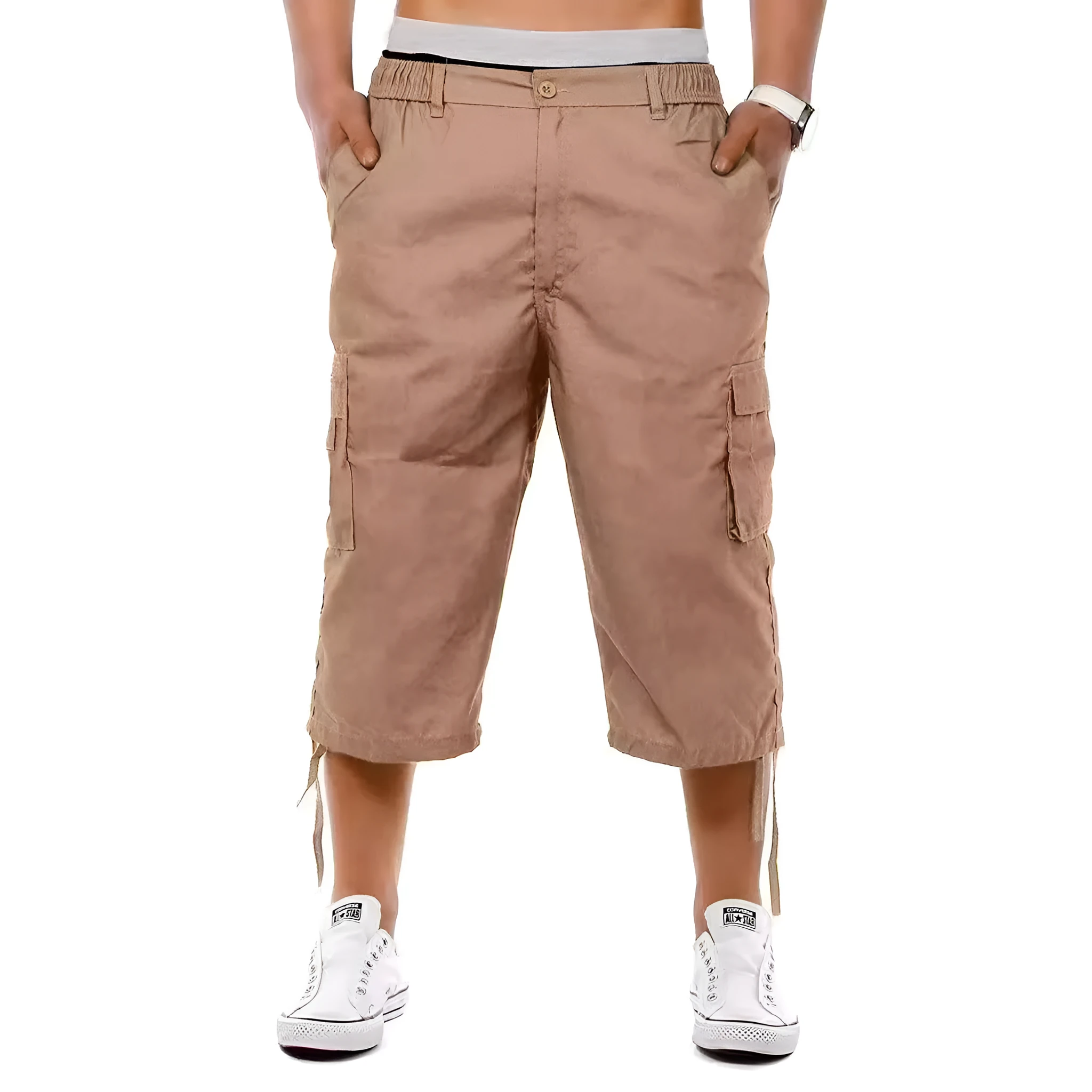Men's multi-pocket workwear shorts in cool silk floss fabric, loose fit, fifth-length, available in black, army green, khaki, navy blue
