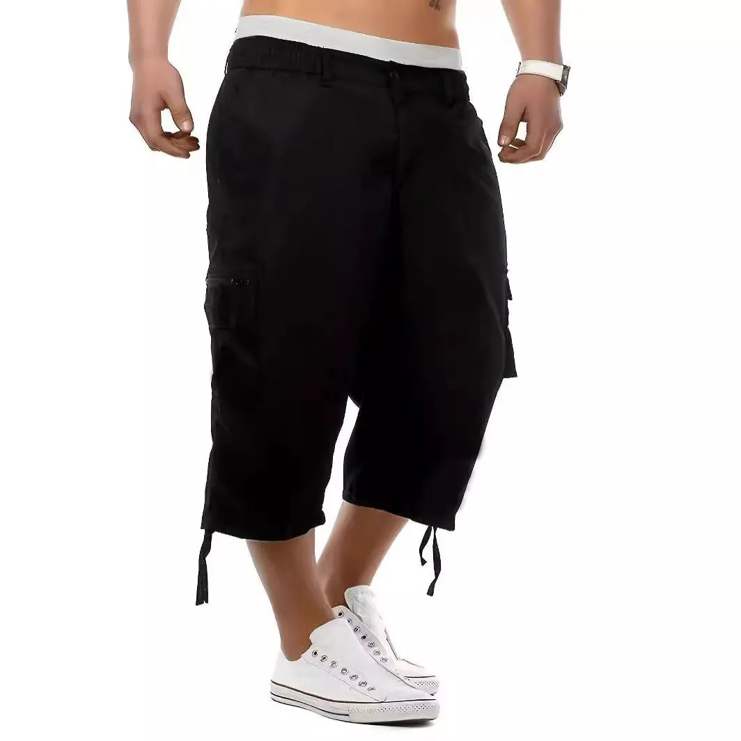Men's multi-pocket workwear shorts in cool silk floss fabric, loose fit, fifth-length, available in black, army green, khaki, navy blue