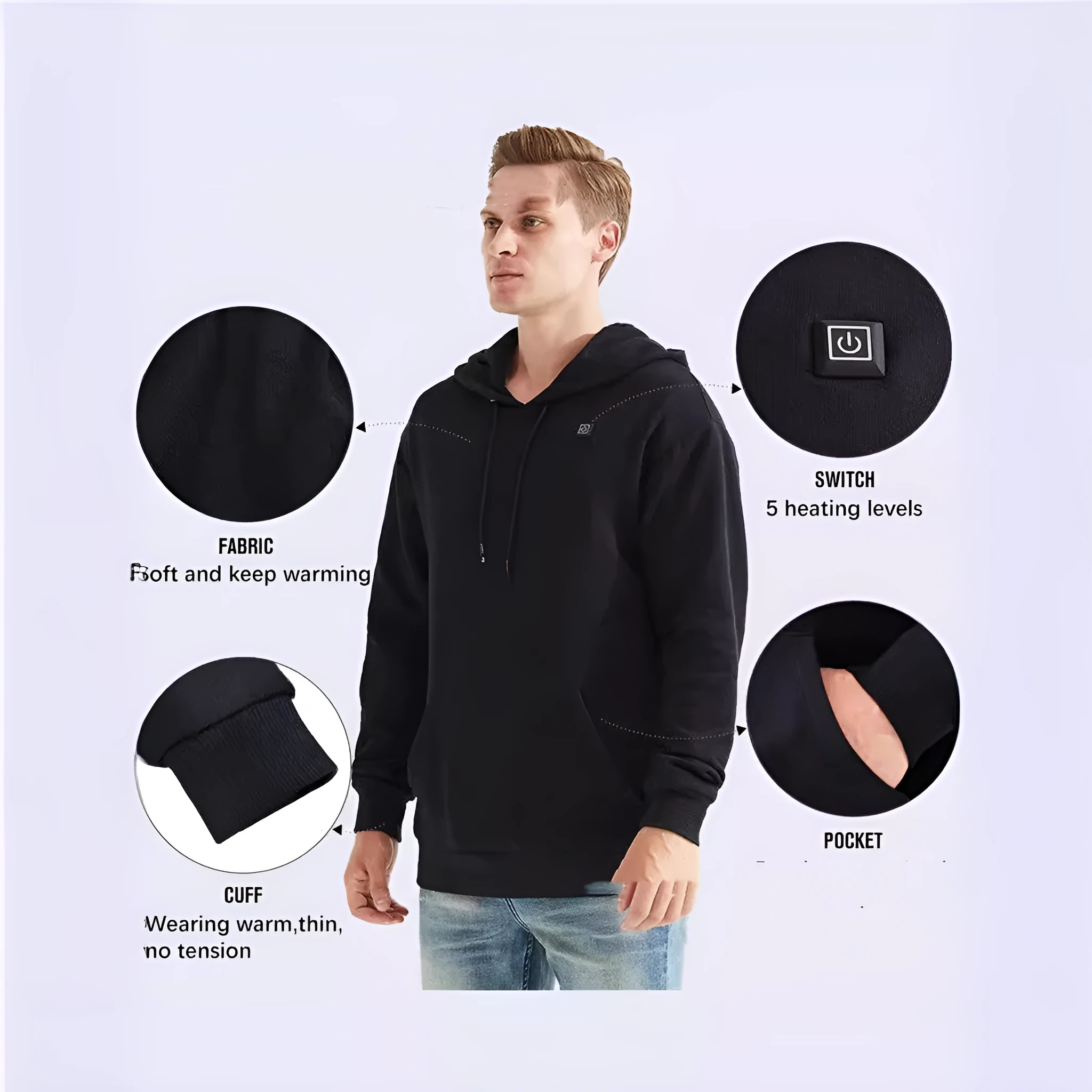 Men's hooded heating sweater black zone 5 cardigan with zipper pockets slim fit long sleeve