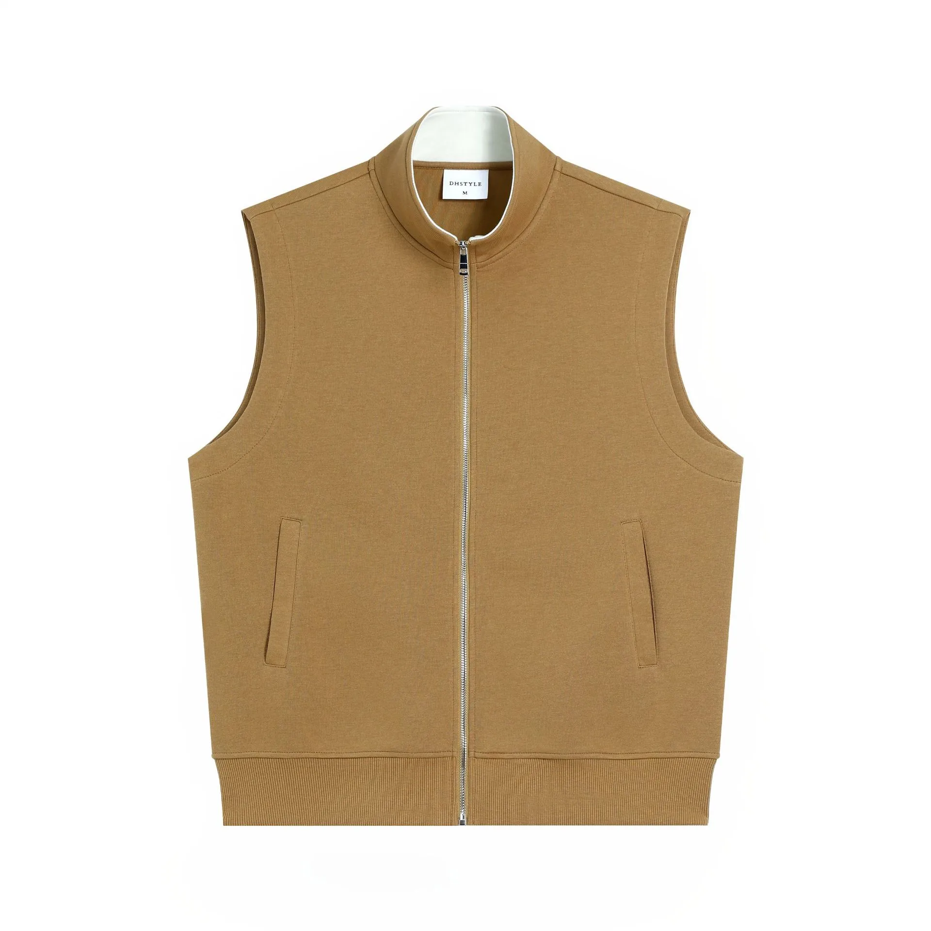 Men's cotton blend cardigan vest in desert khaki and satay apricot, loose fit, straight hem, pockets with embedded lines