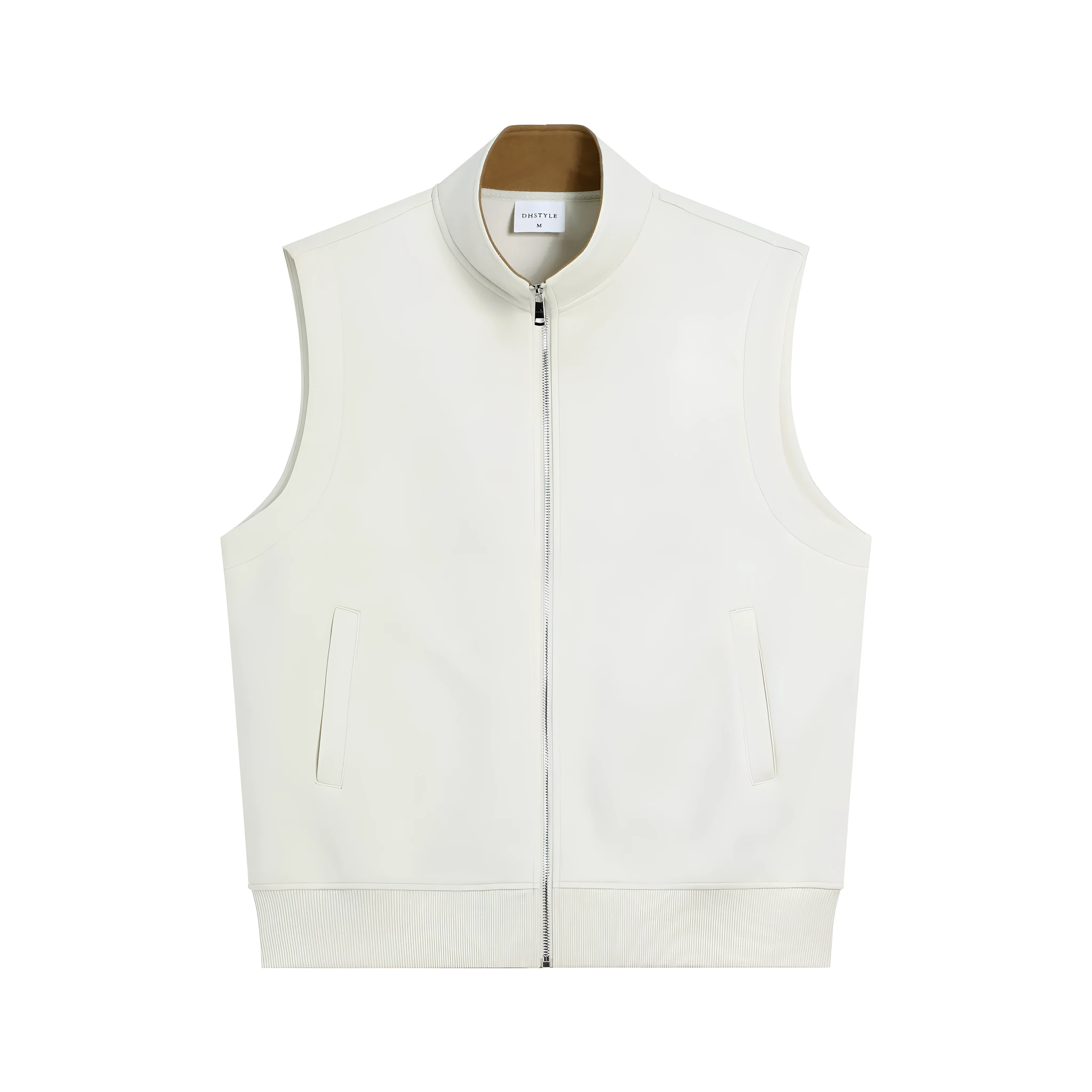 Men's cotton blend cardigan vest in desert khaki and satay apricot, loose fit, straight hem, pockets with embedded lines