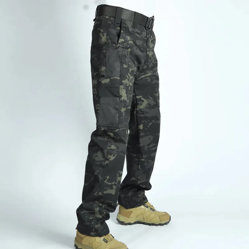 Men's multi-pocket water repellent outdoor trousers in army green, front view showing pockets and fabric texture