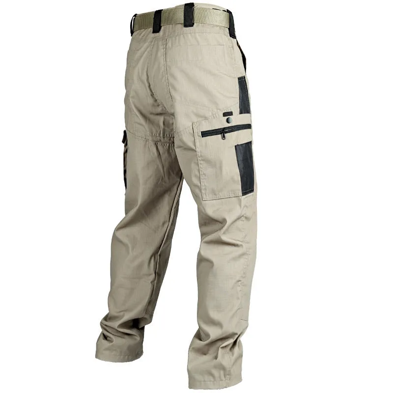 Men's multi-pocket water repellent outdoor trousers in army green, front view showing pockets and fabric texture