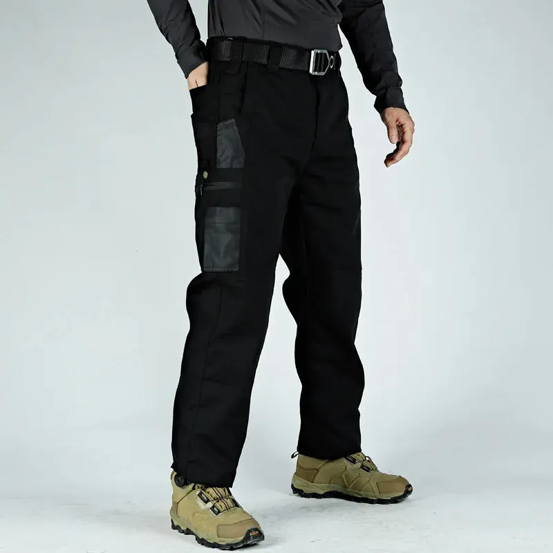 Men's multi-pocket water repellent outdoor trousers in army green, front view showing pockets and fabric texture