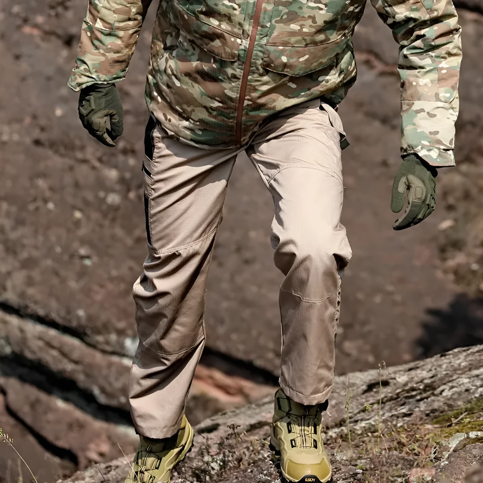Men's multi-pocket water repellent outdoor trousers in army green, front view showing pockets and fabric texture