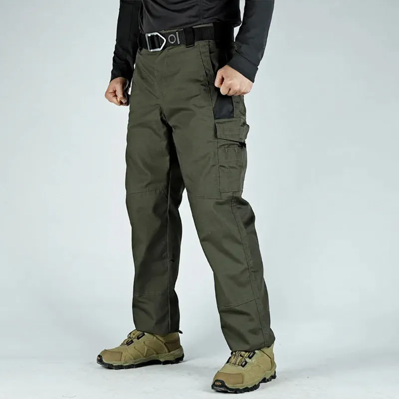 Men's multi-pocket water repellent outdoor trousers in army green, front view showing pockets and fabric texture