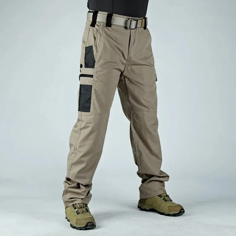 Men's multi-pocket water repellent outdoor trousers in army green, front view showing pockets and fabric texture