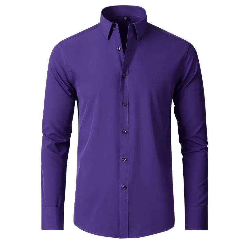Korean slim-fit solid colour men's shirt, long sleeve, non-iron polyester blend, available in multiple colours