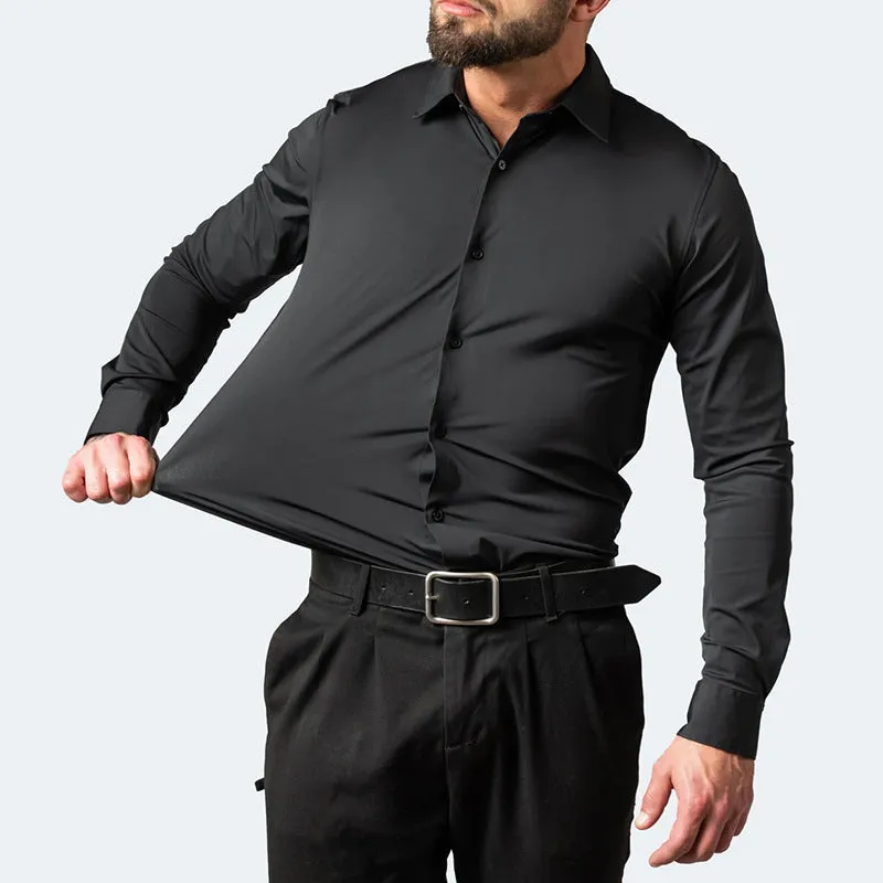 Korean slim-fit solid colour men's shirt, long sleeve, non-iron polyester blend, available in multiple colours