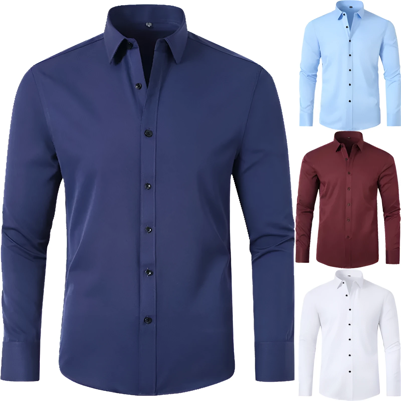 Korean slim-fit solid colour men's shirt, long sleeve, non-iron polyester blend, available in multiple colours