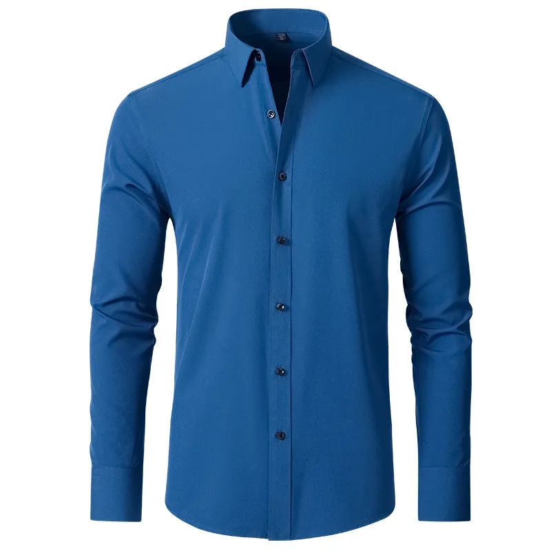 Korean slim-fit solid colour men's shirt, long sleeve, non-iron polyester blend, available in multiple colours