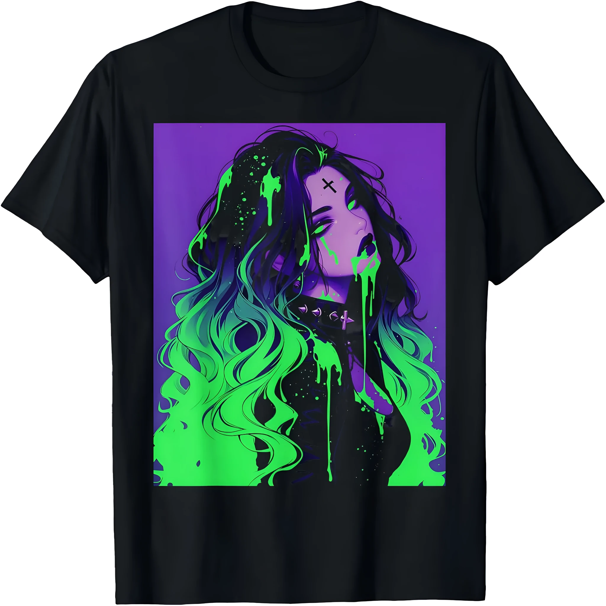 Cotton T Neon Punk T-shirt black background with neon green and purple punk graphic print short sleeve loose fit