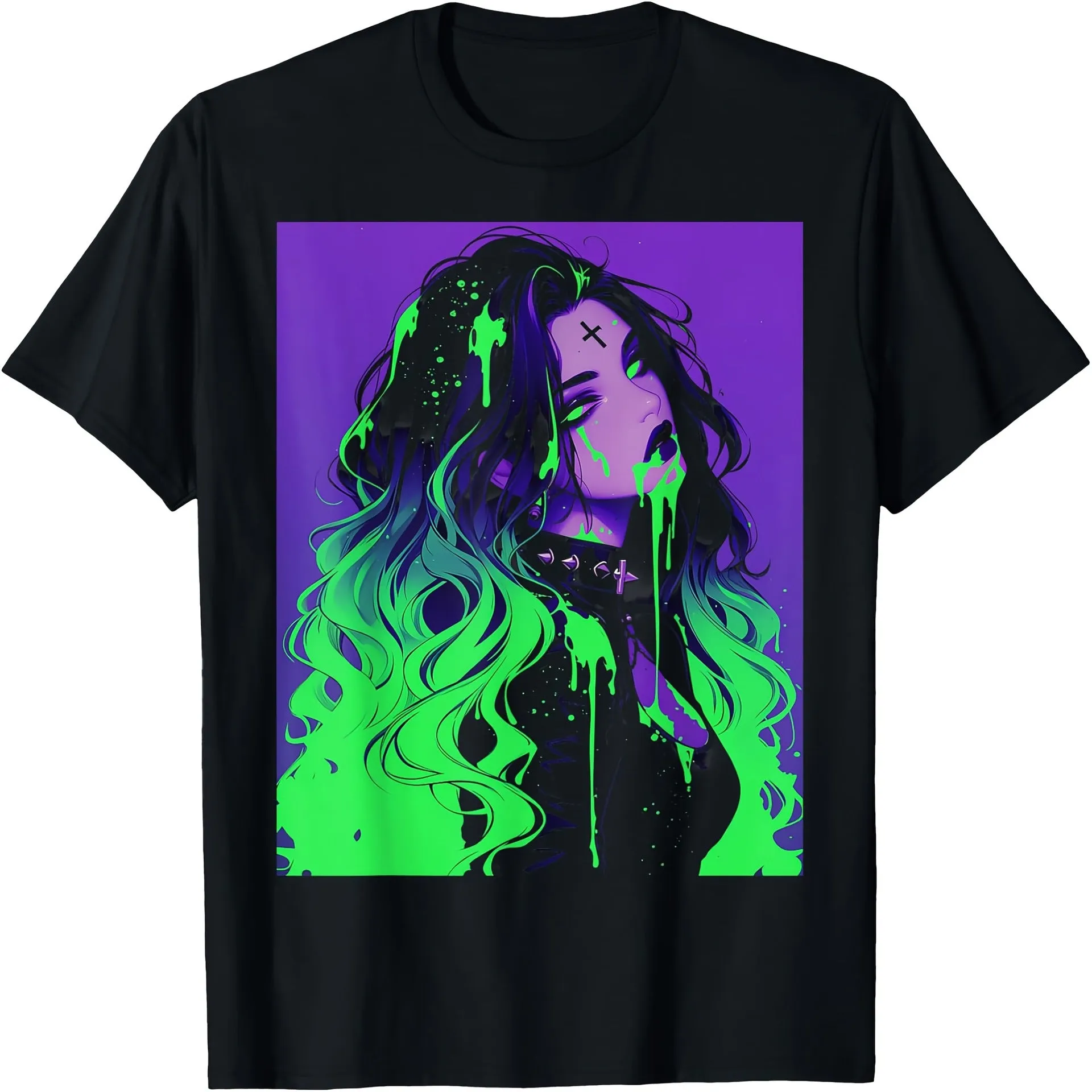 Cotton T Neon Punk T-shirt black background with neon green and purple punk graphic print short sleeve loose fit