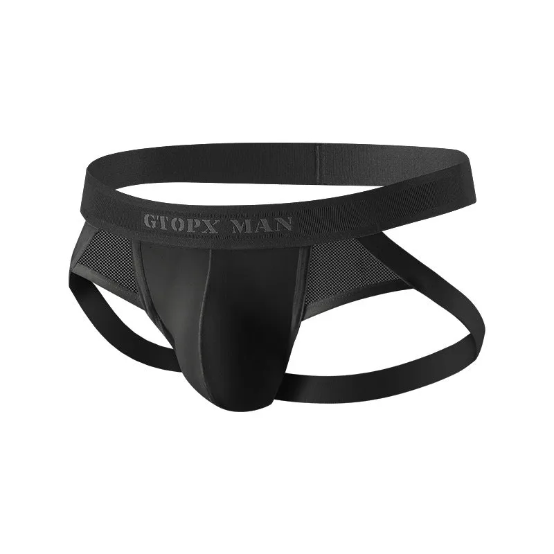 Men's low waist mesh double G-string in Ice Silk nylon, solid black colour, T-back style, size M-XXL