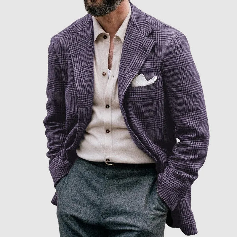 Men's loose solid colour double button suit jacket in grey, front view, for casual leisure wear