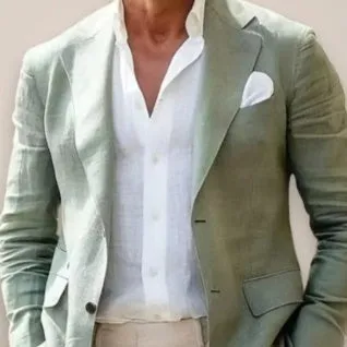 Men's loose solid colour double button suit jacket in grey, front view, for casual leisure wear